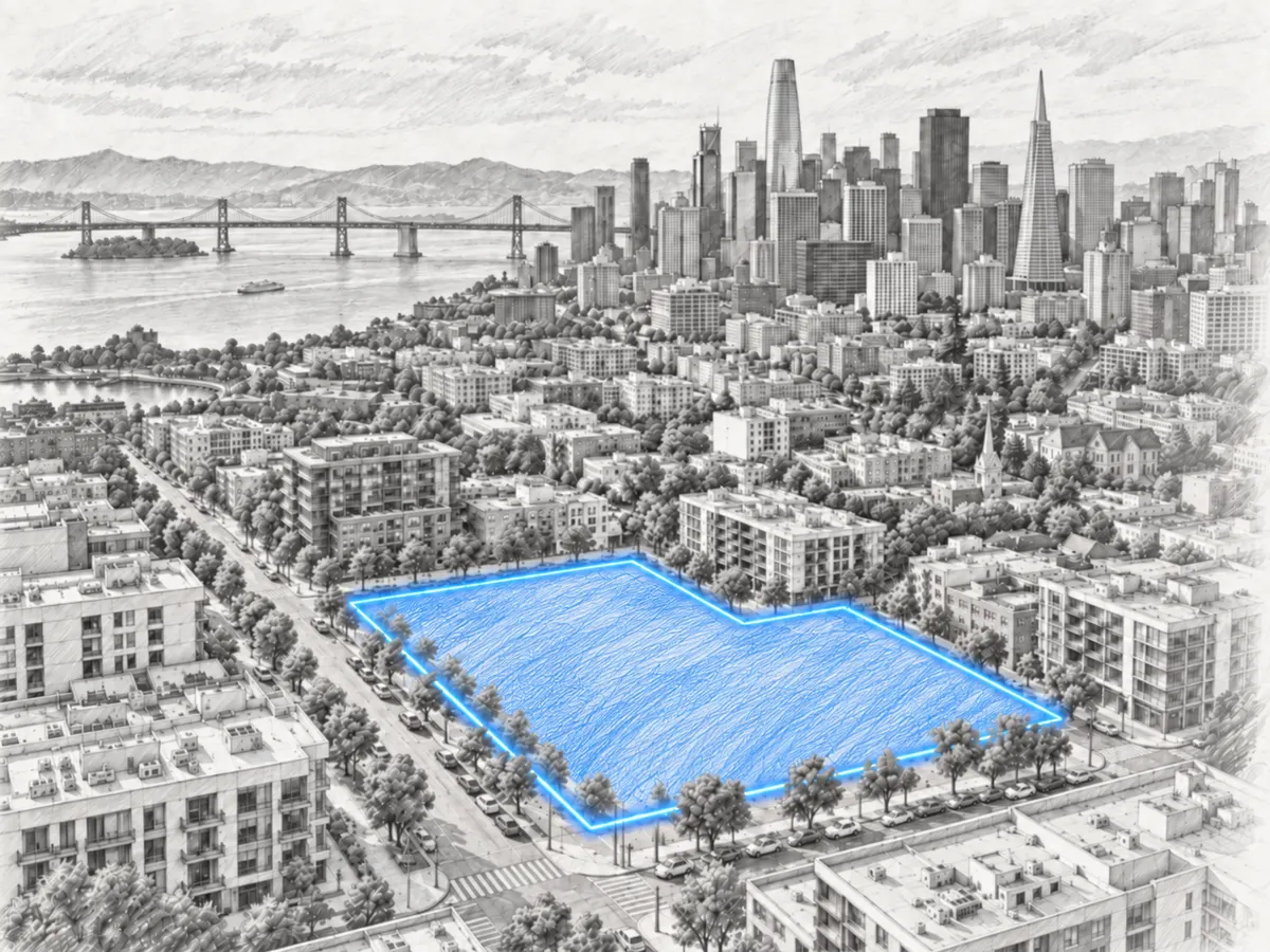 Pencil-sketch aerial view of a San Francisco development site highlighted in Northbound blue